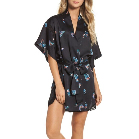 NWT New Designer Natori Short Wrap Robe Womens L Silky Satin Flowers Black Lace